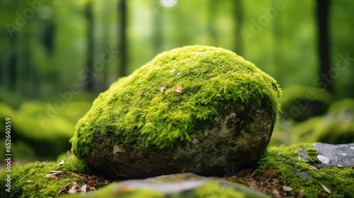 A stone covered with green moss on a blurred forest