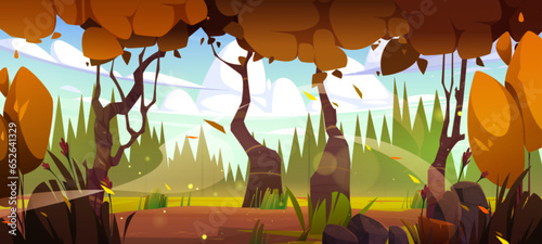 Swamp in autumn forest with yellow foliage on trees. Vector cartoon illustration of golden leaves flying in wind, brown muddy bog surrounded by bushes, stones, grass and flowers, cloudy blue sky
