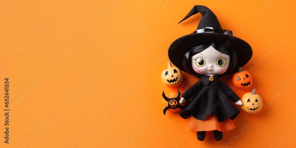Halloween background - cute little witch doll horizontal banner with pumpkin and copy space, Halloween with witch and pumpkin, halloween greeting and wishes, empty background for kids