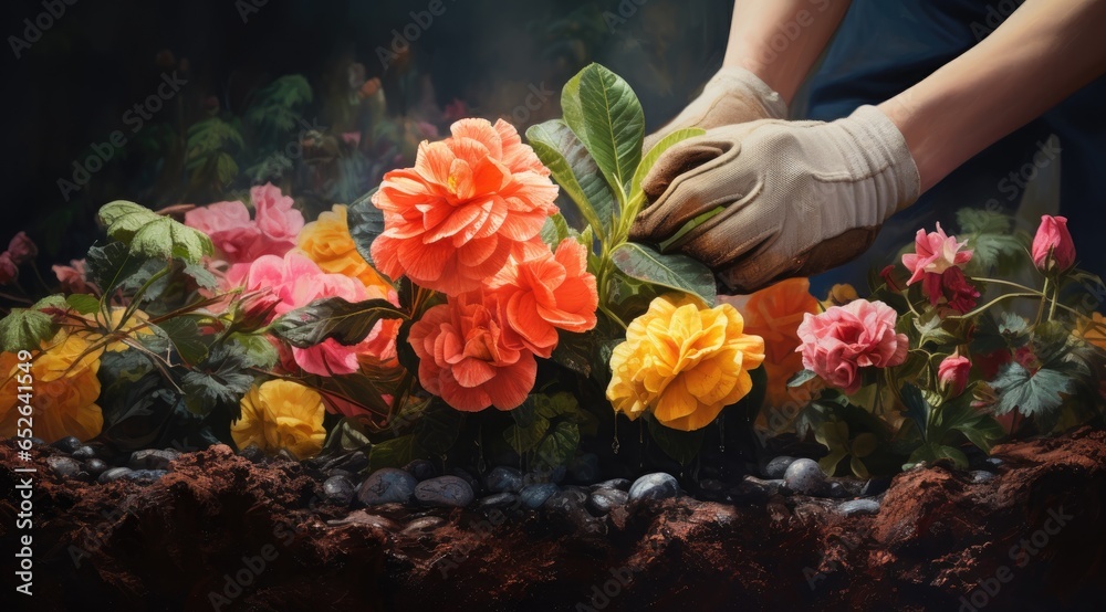 Gardener planting flowers in the ground. Gardener planting flowers in the ground.