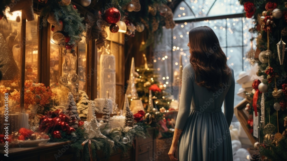 A female standing in front of a flower shop with colorful flowers and Christmas decorations.