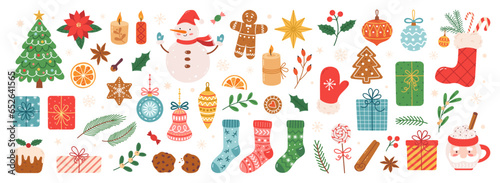Christmas and New Year decorative hand drawn elements. Snowman, gifts, toys, Christmas tree, candy, holly, gingerbreads. Perfect for scrapbooking, greeting card, party invitation, poster, stickers.