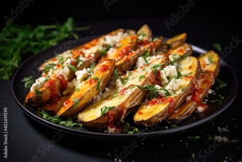 Baked potato wedges with cheese and herbs.