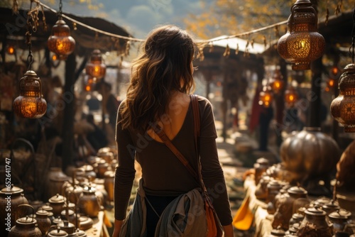 Content woman strolling through an artisanal craft fair, Generative AI