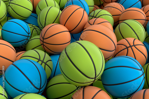 Many of flying multicolor basketball ball falling on black background