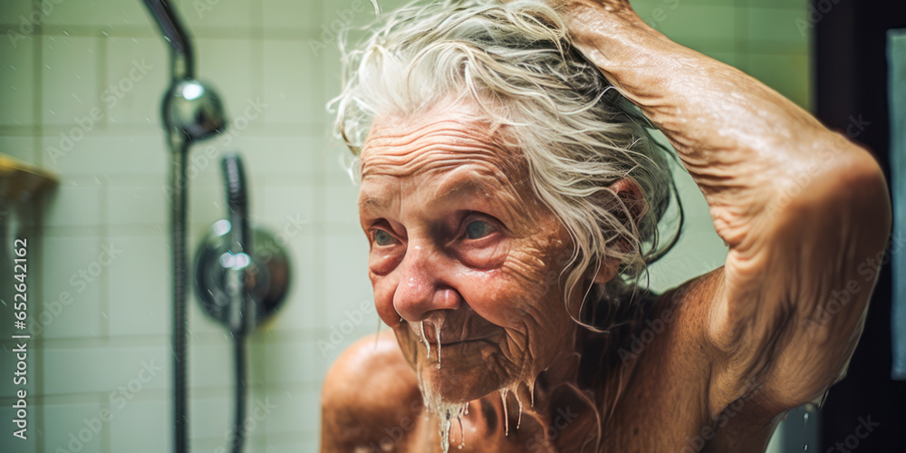 Touching portrayal of an independent, elderly man with beard, washing his hair alone in the shower reflecting personal hygiene struggles among aged population. - obrazy, fototapety, plakaty 