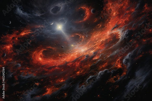 A chaotic and turbulent cosmic scene, with spirals of stars and galaxies intertwined against the dark expanse of space, invoking a sense of celestial wonder.