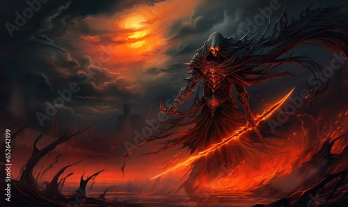 The malevolent presence of an evil demon emerges, holding a sinister scythe amidst blazing fires.