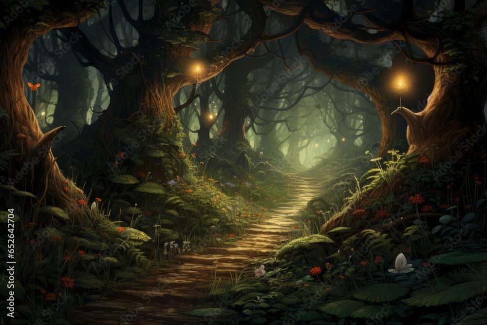 A mystical forest with ancient, towering trees inhabited by whimsical fairies and talking animals, their eyes filled with curiosity.