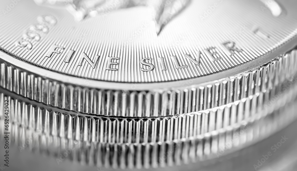 Macro Close up of a Silver Canadian Maple Leaf Bullion Coin Macro Close up of a Silver Canadian Maple Leaf Bullion Coin