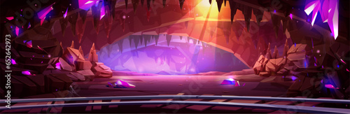 Rail in underground mine cave cartoon game vector. Purple crystal and diamond treasure indoor old tunnel construction with metal railway. Mysterious sunlight ray inside from hole through stalagmite