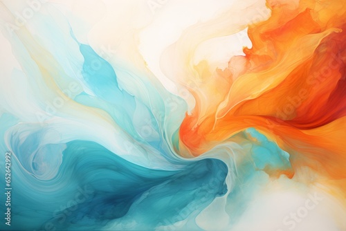An abstract composition featuring dynamic swirls of fiery orange and cool shades of aqua, representing the fierce dance of elements.