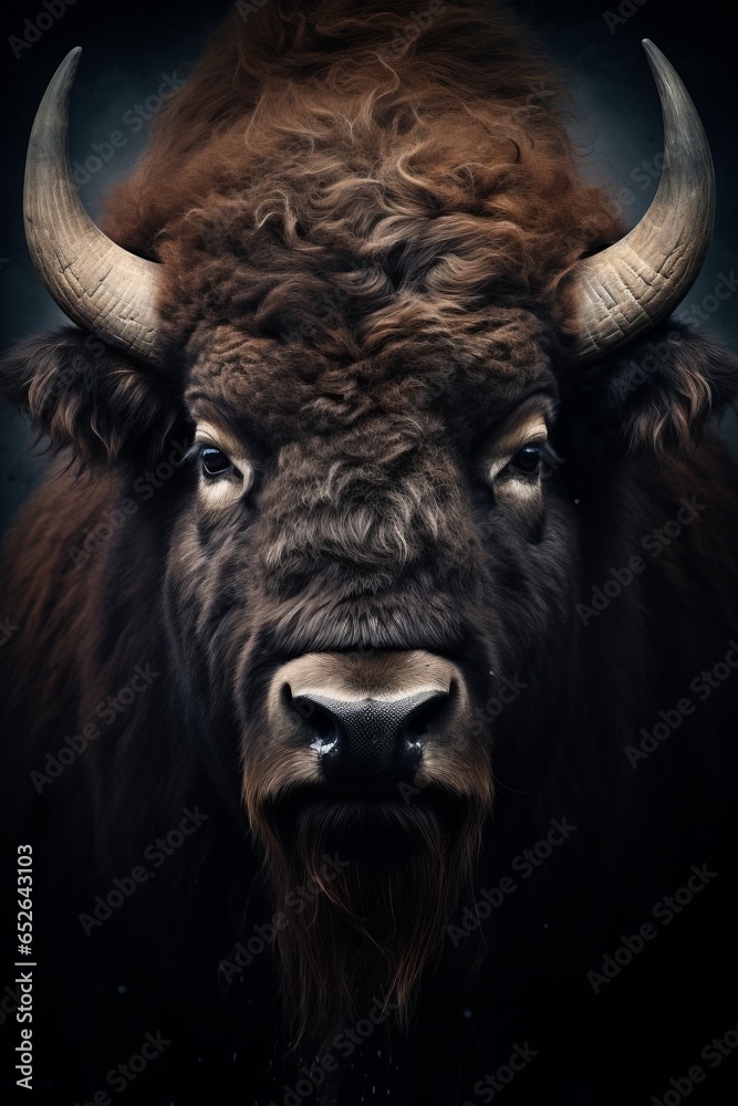 A powerful portrait of a stoic bison, its massive head and thick fur conveying resilience and strength. A powerful portrait of a stoic bison, its massive head and thick fur conveying resilience and strength.