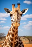 A close-up of a curious giraffe, with its long neck and soulful eyes gazing into the distance, representing curiosity and wonder.