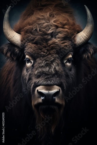 A powerful portrait of a stoic bison, its massive head and thick fur conveying resilience and strength.