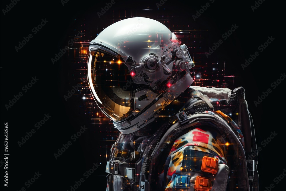 An abstract pixelated astronaut suit with pixelated communication equipment, underscoring the importance of staying connected in the vastness of space. - obrazy, fototapety, plakaty 