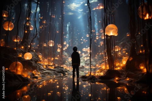 Dreamlike forest illuminated by swirling lights, Generative AI