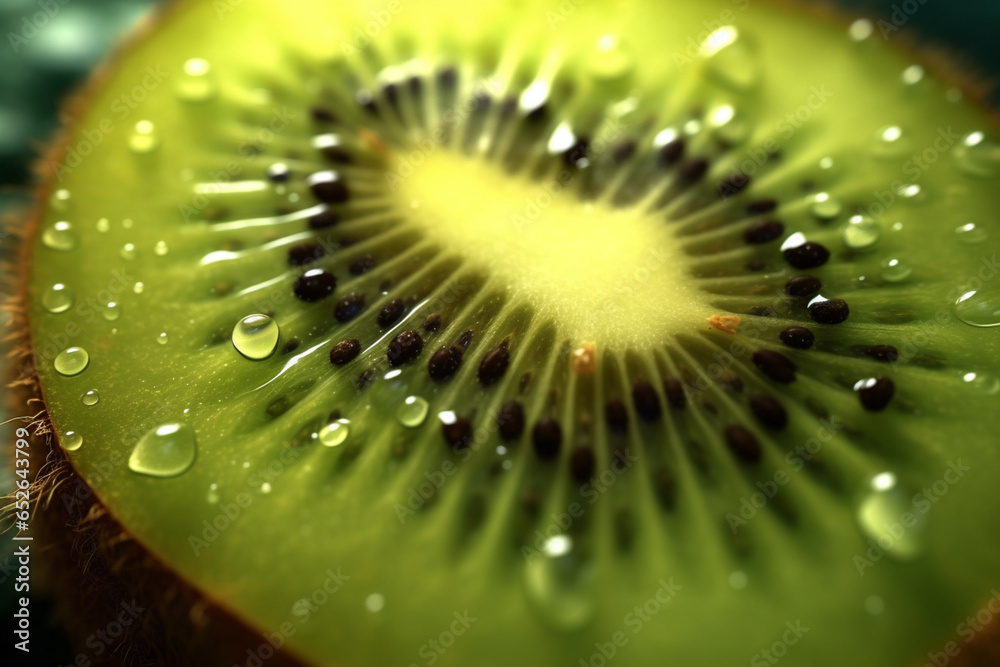 A close-up photograph of a sliced kiwi, revealing its vibrant green flesh speckled with tiny black seeds. Generative AI technology. A close-up photograph of a sliced kiwi, revealing its vibrant green flesh speckled with tiny black seeds. Generative AI technology.