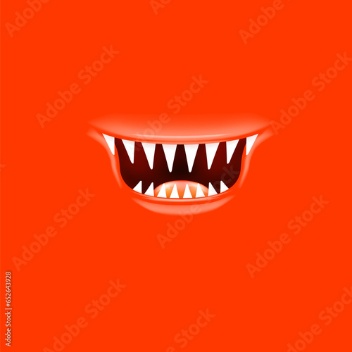 Vector Cartoon open mouth with fangs isolated on red background. Funny and cute red funny Halloween Monster open mouth with big vampire fangs. jaws and mouth of the beast cartoon illustration