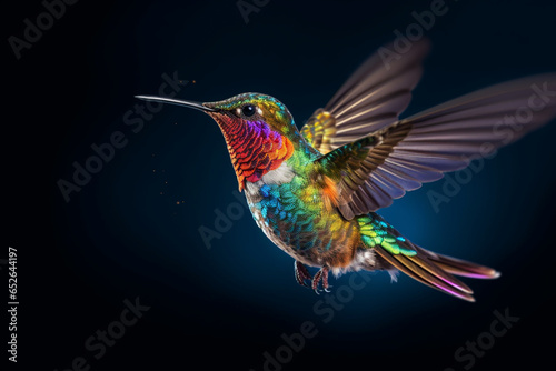  A captivating image of a hummingbird in mid-flight, displaying its rapid wing movements and vibrant colors.  Generative AI technology. © Oleksandr