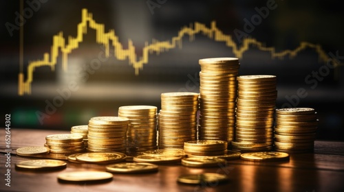 Growth gold coin investment business market financial, money chart stock profit exchange wealth background.
