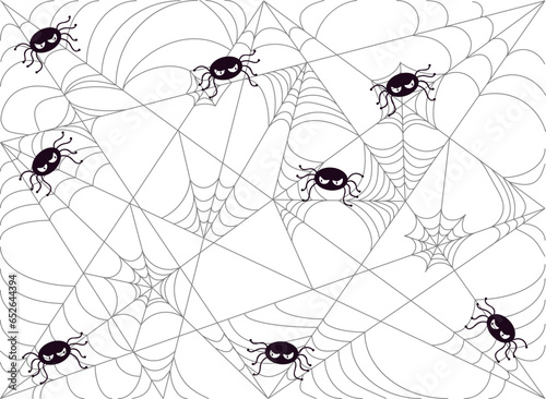 Transparent Halloween background with funny spiders with big eyes on web