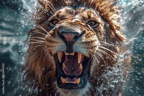 Close-up portrait of a lion in water. Wild animal.
