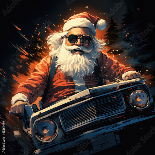 Santa Claus riding on car , T-shirt design Santa Claus characters driving