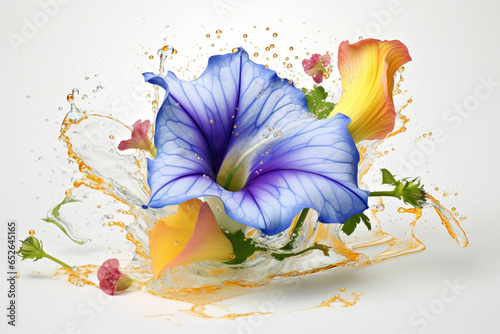 An abstract surreal photograph of a Morning glory (Rivea corymbosa) splashed in bright paint, Generative AI technology. photo