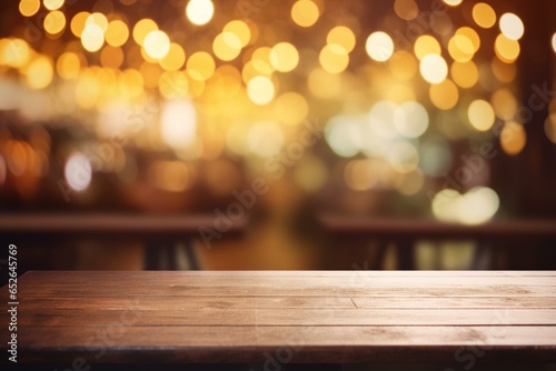 Empty wooden table with bokeh lights in a blurred restaurant backdrop. Generative AI