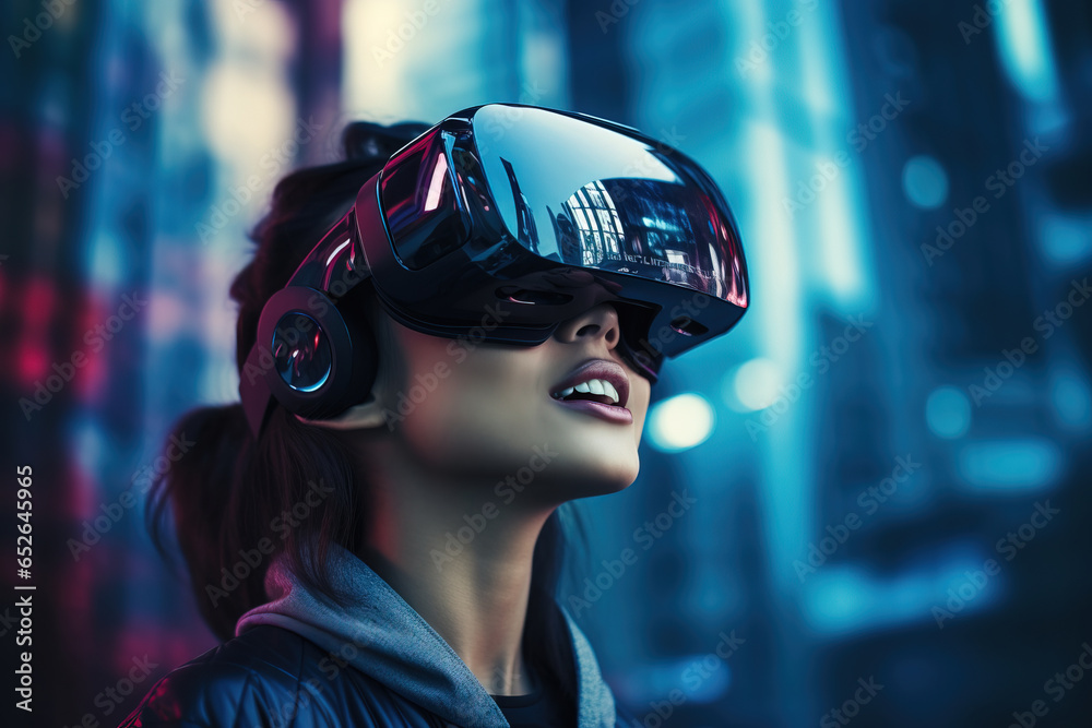 young female wearing futuristic glasses of virtual reality in blurred background