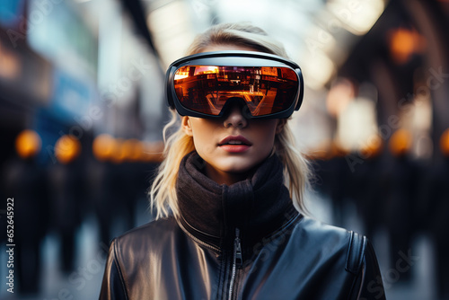 young female wearing futuristic glasses of virtual reality in blurred background © Uwe