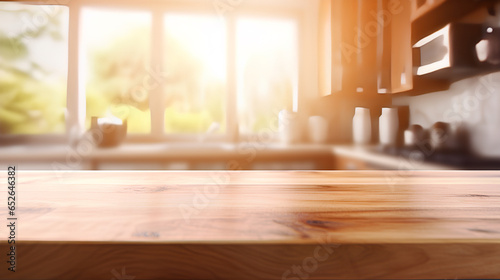 Empty wood table top on blur kitchen in morning sunshine  background beautiful bokeh.