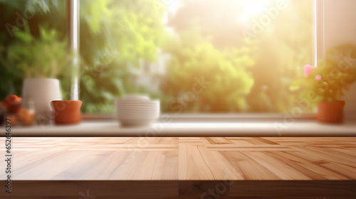 Empty wood table top on blur kitchen in morning sunshine background beautiful bokeh.