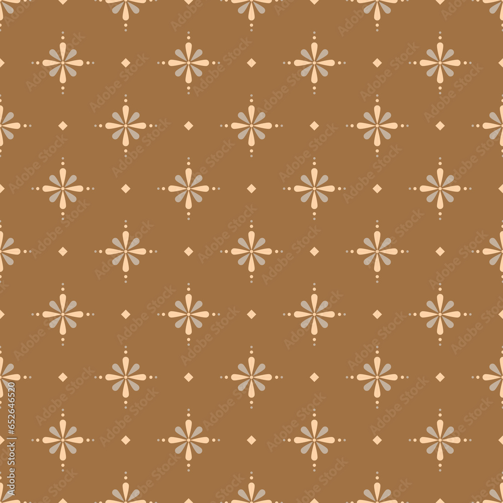 In this seamless pattern, make a flower with orange petals alternating with gray. Arranged on brown background. Decorated with small orange diamond placed alternately neatly, beautiful and sweet. In this seamless pattern, make a flower with orange petals alternating with gray. Arranged on brown background. Decorated with small orange diamond placed alternately neatly, beautiful and sweet.