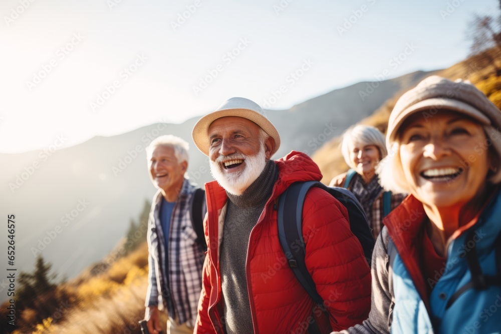 Seniors' club on a mountain adventure. Embrace the serenity of nature, fitness, and community. Explore the beauty of aging gracefully in the outdoors