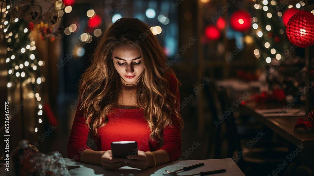 A young woman in a red dress sits in a restaurant with a smartphone in her hands. Celebrating Christmas and New Year. A young woman in a red dress sits in a restaurant with a smartphone in her hands. Celebrating Christmas and New Year.