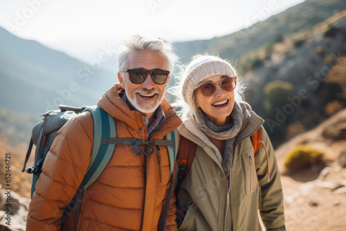 Happy Seniors Couple Hiking in the Mountain - Elderly Friends Trekking in Beautiful Scenery