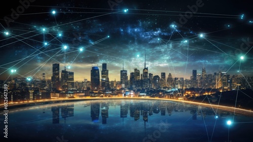 Modern city with wireless network connection and city scape background.