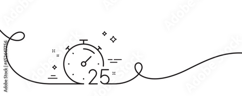 Timer 25 minutes line icon. Continuous one line with curl. Stopwatch time sign. Countdown clock symbol. Timer single outline ribbon. Loop curve pattern. Vector