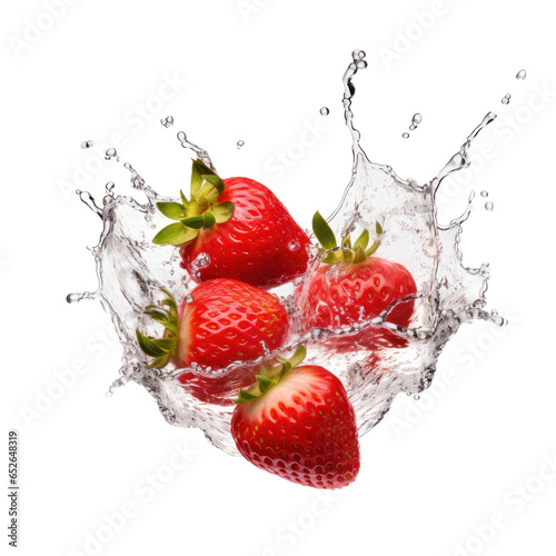 Splashing water of strawberries isolated on transparent background Transparency Advertisement concept 