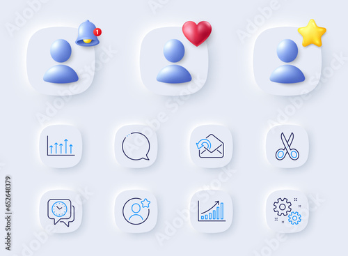 Clock, Growth chart and Cut line icons. Placeholder with 3d bell, star, heart. Pack of Best friend, Send mail, Graph chart icon. Speech bubble, Work pictogram. For web app, printing. Vector