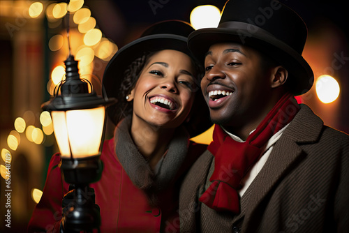 Zwei traditionelle fröhliche Weihnachtssänger in Vintage-Kostümen und Laterne singen auf der Straße am Heiligabend, festliche Lichter verschwommen im Hintergrund
