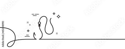 Hook line icon. Continuous one line with curl. Fishing tackle sign. Catching fish fishhook symbol. Hook single outline ribbon. Loop curve pattern. Vector
