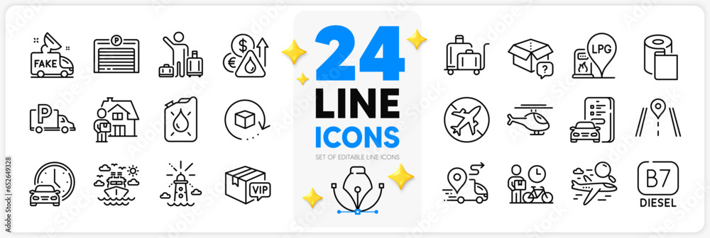 Icons set of Fuel price, Fake news and Truck parking line icons pack for app with Helicopter, Airport transfer, Parking garage thin outline icon. Ship travel, Search flight. Vector Icons set of Fuel price, Fake news and Truck parking line icons pack for app with Helicopter, Airport transfer, Parking garage thin outline icon. Ship travel, Search flight. Vector