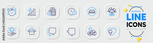 Ice cream, Select alarm and Savings insurance line icons for web app. Pack of Talk bubble, Consumption growth, Puzzle pictogram icons. Bill accounting, Vegetarian food, Send box signs. Vector