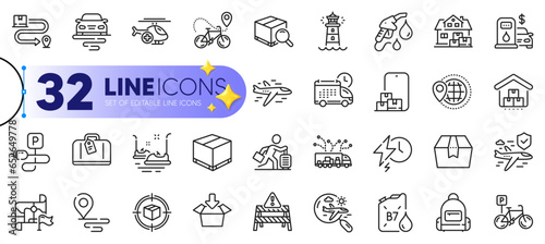 Outline set of Charging time, Truck delivery and Filling station line icons for web with Package box, Airplane, Backpack thin icon. Search flight, Delivery box, Online storage pictogram icon. Vector