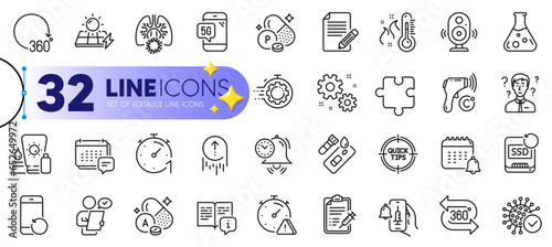 Outline set of Covid test, Article and Support consultant line icons for web with Vaccine announcement, 5g phone, Time management thin icon. Vitamin a, Coronavirus. Design with yellow 3d stars. Vector