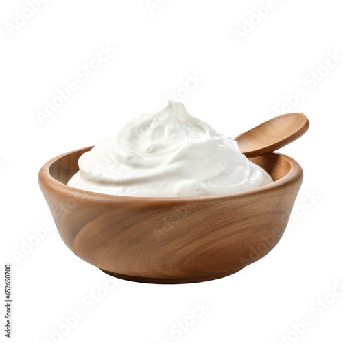 Wooden bowl of greek yogurt isolated on transparent background,Transparency 