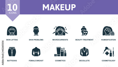 Makeup set. Creative icons: skin lifting, skin problems, microcurrents, beauty treatment, humidification, buttocks, female breast, cosmetics, decollete, cosmetology.